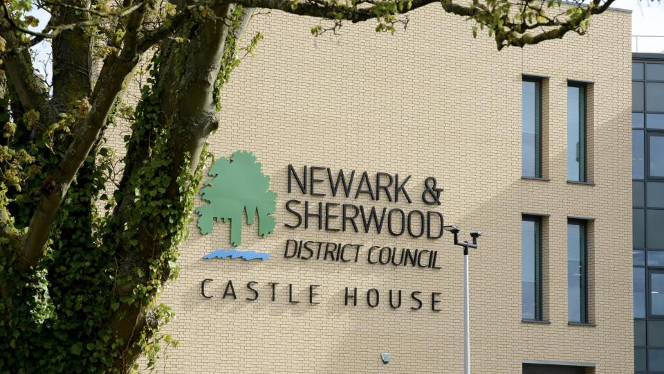 Front of Castle House with the Newark and Sherwood logo on the side of the wall