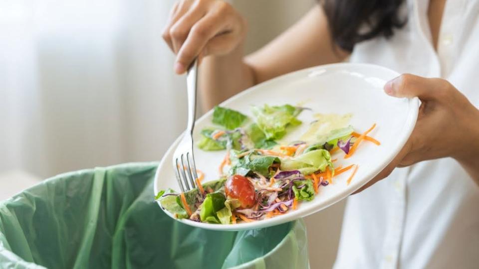 Person scraping food off their plate into bin 