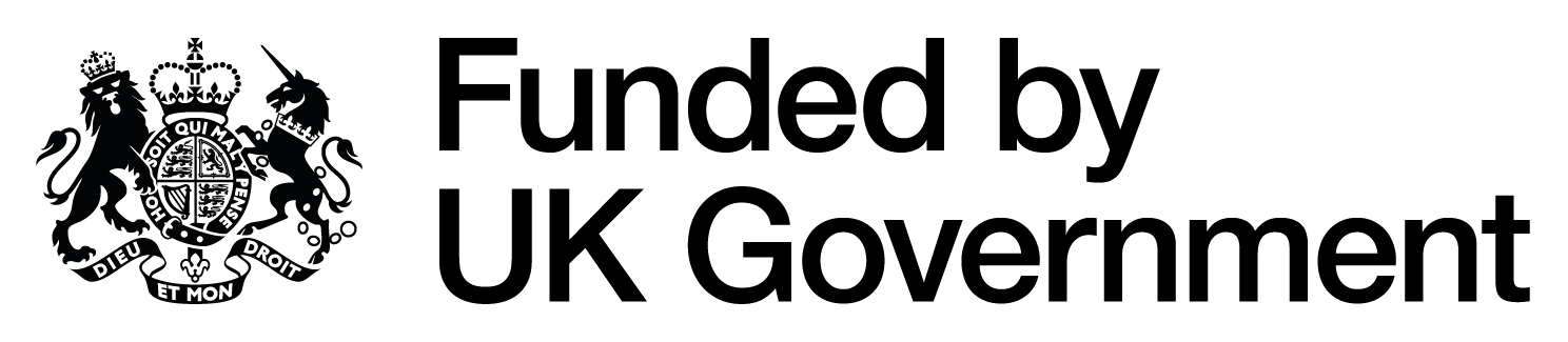 logo with the UK Government's crest on the left hand side followed by the wording 'Funded by UK Government' in black text