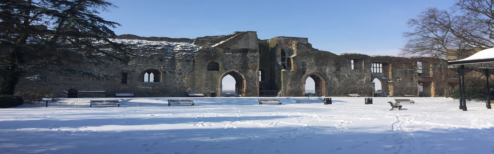 View of Newark Castle from the gardens in the snow.
