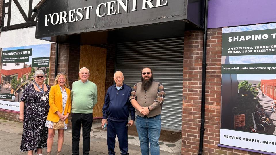 Karen Wakefield - Town Clerk, District Councillor Clare Penney, Cllr Derek Batey - Town Council, Cllr Ray Shilling - Town Council, Cllr Lee Brazier - District Councillor and Town Mayor standing in front of the area which will be developed in Ollerton