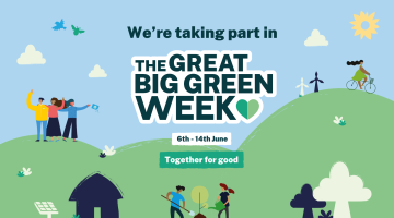 Illustrated poster announcing ‘The Great Big Green Week’, 6th–14th June, with people planting trees, cycling, and green energy symbols.